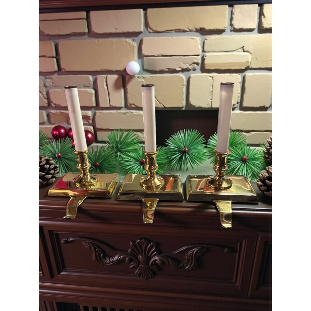 Solid Brass Mantel Stocking Holders With Candle Holder Set Of 3